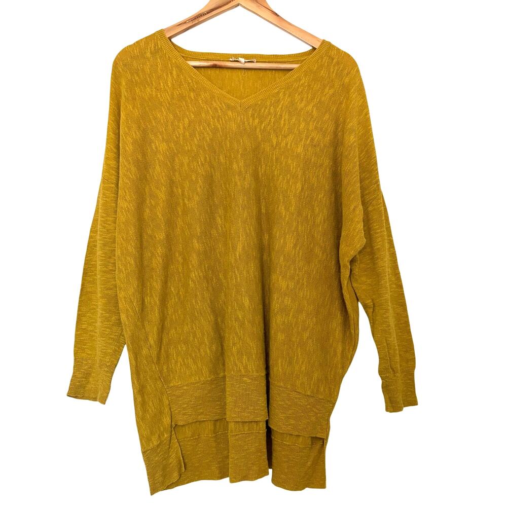 Eileen Fisher Linen Cotton Blend Knit Tunic Top Size M Mustard Yellow V-neck